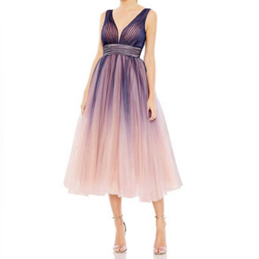 Mac Duggal Pleated Bodice Ombré Sleeveless Midi Dress Purple Pink NWT Size 2